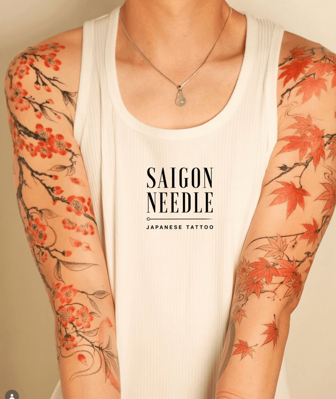 Japanese Fine Line Sleeve — Cherry Blossom & Maple Leaves
