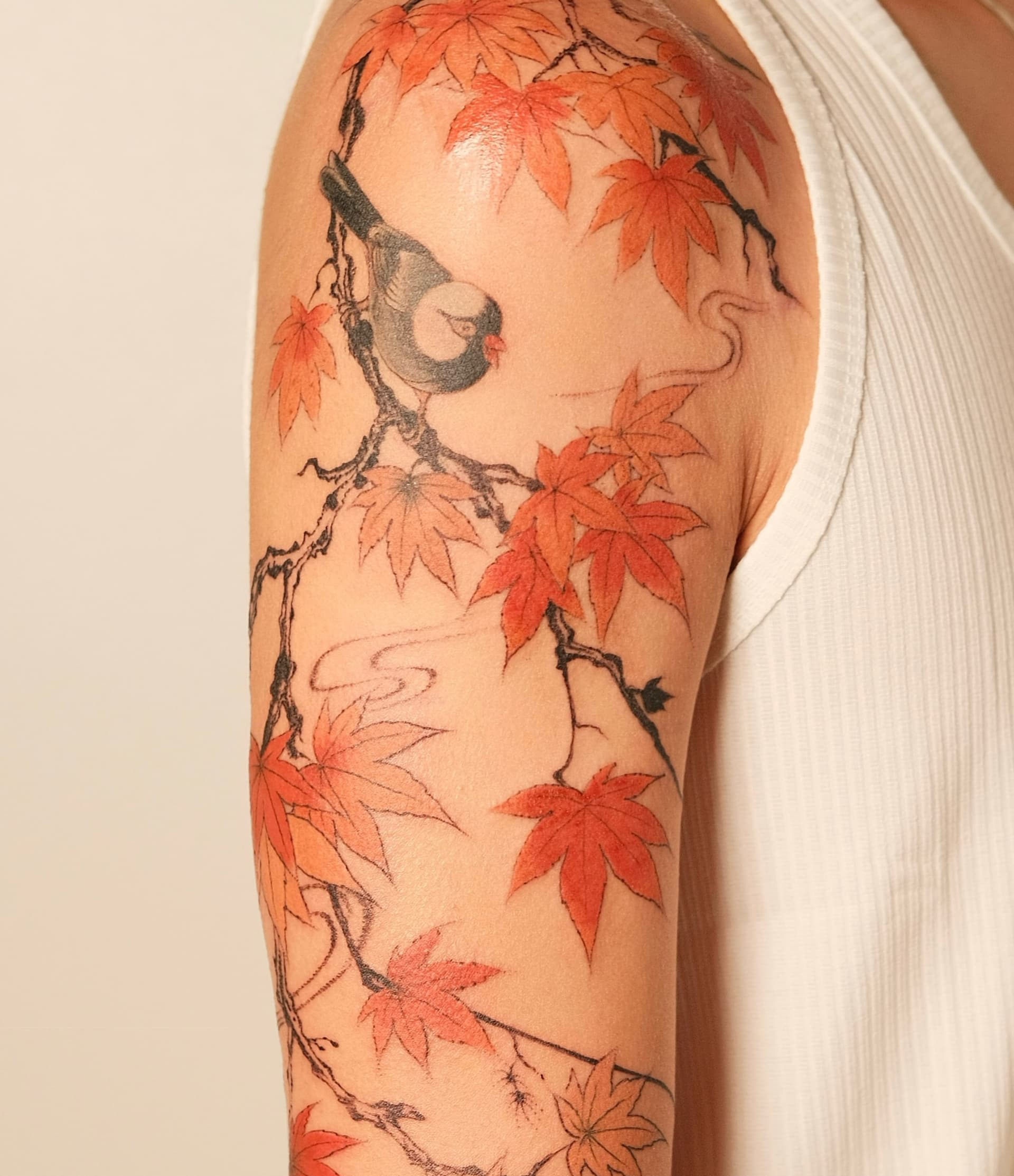 Japanese Fine Line Sleeve — Cherry Blossom & Maple Leaves — project media 2