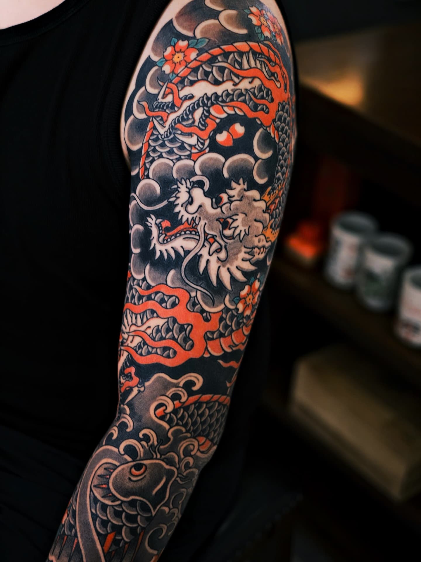 Japanese Irezumi Full Sleeve — Dragon & Fish